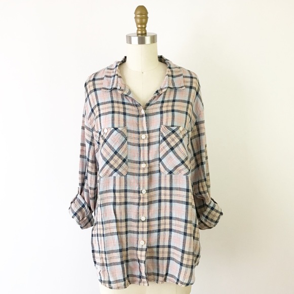 Sanctuary Tops - Sanctuary Linen Blend Plaid Button Up Top Pink L79